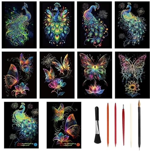 VPAFPEKG Kratzbilder Set für Erwachsene, 8 Stück Rainbow A4 Kratzpapier Kratzpapiere, Kreative DIY Bastelset Scratch Art Set für Zeichnen und Kunstgestaltung Geburtstagsgeschenk mit Kratzwerkzeuge Kit