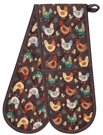 Chicken Oven Mitts Heat Resistant Double Oven Gloves with Loop Non-Slip Cute Chicken Design Cotton Gloves Extra Long for Kitchen Cooking Baking Barbecue Grilling