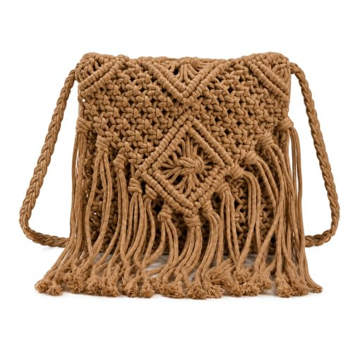 Fjquamitix Straw Cross Body Bag Women Boho Macrame Handmade Crochet Bag With Zipper Closure Fringe Shoulder Beach Purse Summer Handbags Travel Vacation Daily Use (Coffee)