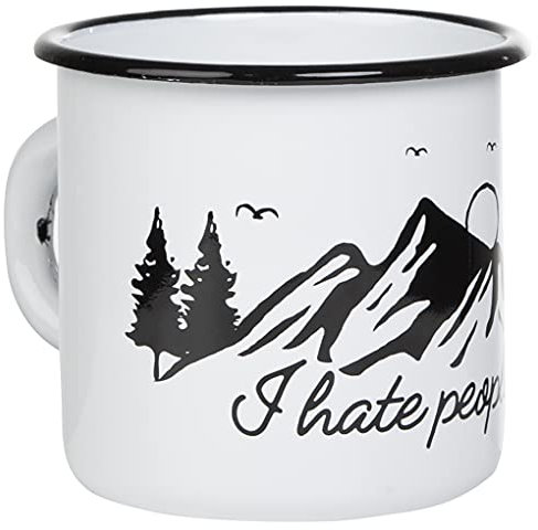 MUGSY Emaille Tasse, I Hate People, Berg Motiv, 330ml, Camping Tasse mit Spruch, bruchfest, weiß