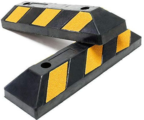 Wiltec 2x Radstopper mit Reflektoren 550 x 150 x 100 mm, Parkplatzbegrenzung aus Ebonite-Hartkautschuk, Einparkhilfe zur Bodenmontage, Überfahrschutz