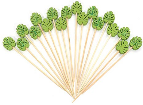 FLZONE Palitos de Cóctel,100 Palillos de Cóctel Brochetas de Bambú Palillo de Frutas para Cócteles Aperitivos Frutas Postres Artículos de Fiesta Brocheta de Frutas-Hojas de Palma