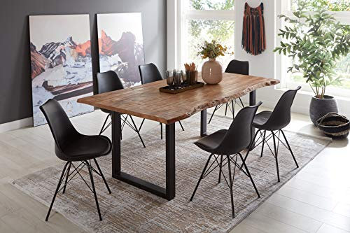 SAM 7tlg. Essgruppe Dora 140 x 80 cm, Mangoholz massiv & naturfarben, Baumkantentisch mit Metallgestell in Mattschwarz, echte Baumkante, + 6X Schalenstuhl Lerche in Schwarz
