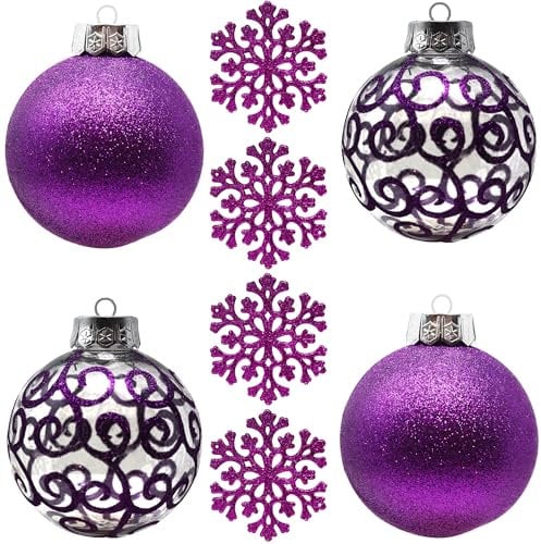 SLEETLY Big Purple Bauble Ornaments for Farmhouse Christmas Tree Holiday Xmas Decorations - Extra Large Shatterproof Plastic 120mm Baubles and Snowflakes, Set of 8
