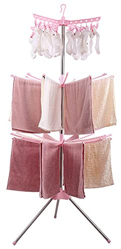 ACMHNC Séchoir à Linge Pliable Parapluie D'Intérieur sur Pied, Étendoir à Linge Vertical en Métal Trépied avec 24 Clips Peu Encombrant, Etendoir a Linge Exterieur Rotatif 360, pour Balcon Salon,Rose