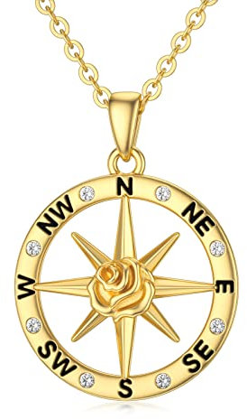 YDD Gold Compass Necklace 9ct Solid Gold Compass Pendant Graduation Gifts Compass Jewellery Travel Gift for Wife Girlfriend Ladies Her 16+1+1 inch (Compass 3)
