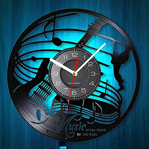 Smotly Vinyl Wanduhr Instrument Gitarre Thema Mit LED Nachtlichtfunktion - Einzigartiges Geschenk Für Musikliebhaber