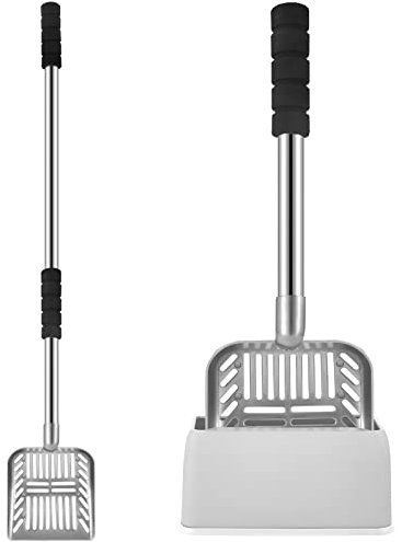 81,3 cm große Katzenstreuschaufel, Metall, langer Griff mit Katzenstreuschaufel, Halter, tiefer Kitty-Sieb, Schaufel, abnehmbarer Edelstahl-Kotsieb, Schaufel, Caddy Kitty mit Box (grau)