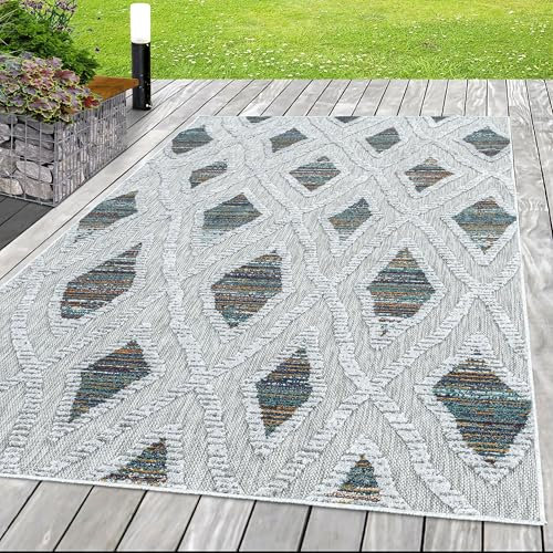 HomebyHome In & Outdoor Wetterfest 80x150 cm Multi, Zickzack Design 3D Effekt - Balkon Teppich Wasserfest, Läufer, Kurzflor, Flachgewebt - Ideal für Küchenläufer, Garten, Camping und Terrasse