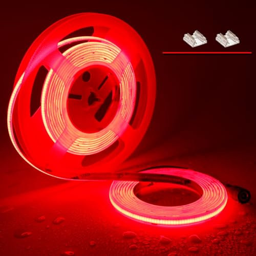 TOPAI COB LED Streifen 5M Rot Wasserdicht IP65, LED Strip Rot 24V Aussenbereich Selbstklebend, 480LEDs/M LED Band Schneidbar für Innen Aussenbereich Heim Küche Deko