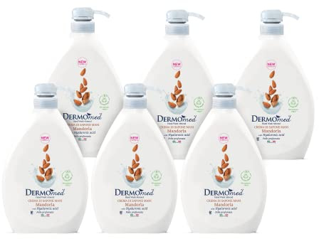 Dermomed, Handseifencreme Mandel, respektiert die Haut und macht sie duftend und weich, mit Hyaluronsäure, pH-neutral, hergestellt in Italien, dermatologisch getestet, 6 Spender à 1 l