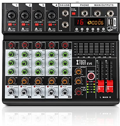 XTUGA EV6 Professioneller 6-Kanal-Audio-Mixer mit 16 DSP-Effekten, 7-Band-EQ, unabhängige 48 V Phantomspeisung, Bluetooth-Funktion, USB-Schnittstelle für Studio/DJ-Bühne/Party/Heimaufnahmen