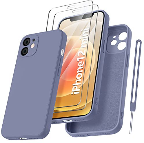 Qasyfanc HandyHülle für iPhone 12 Mini Hülle Silikon case mit 2 Stück schutzfolie, Ultra Microfiber TPU Flüssig silikon mit Kameraschutz Kratzfeste Rundumschutz Schutzhülle 5.4''-Grau