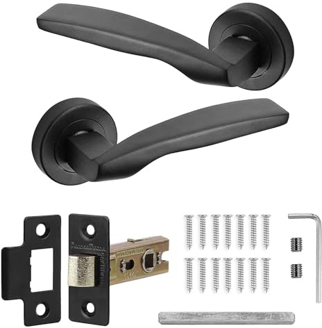 Decoranddecor Solitude Matt Black Door Lever Handles On 54mm Rose Aluminium Curved Design (Latch Kit)