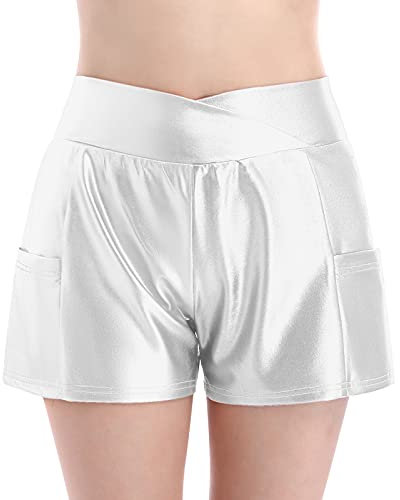 Ledershorts Damen Kunstleder Hotpants Sexy Metallic Wetlook Lack und Leder Shorts Gym Sporthose Kurze Hose Frauen Festival Rave Pole Dance Outfit Halloween Karneval Faschingskostüme Silber XL