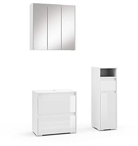 Vicco Badmöbel-Set Weiß Majest, bestehend aus Bad Spiegelschrank, Waschbeckenunterschrank, Midischrank - Kombination aus Schubladen & Regalen