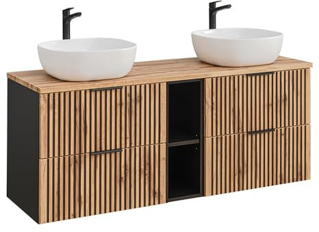 Lomadox Badmöbel Doppelwaschtisch schwarz gerillt 140,6x74,2x46,5 cm Unterschränke Waschbeckenunterschränke mit Regal 2 Aufsatzwaschbecken anthrazit mit Eiche Nb.