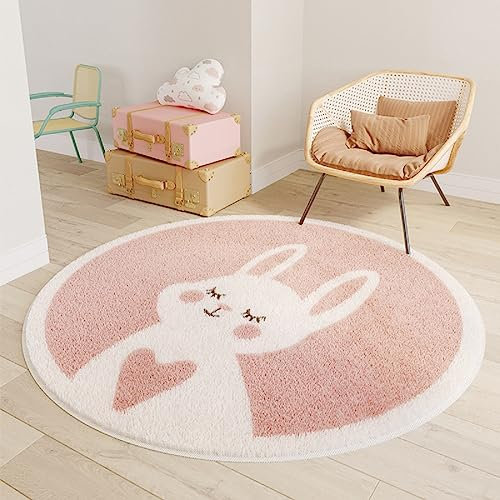 iyoimono Kinderzimmer Teppich Rund 140cm Beige Muster Kinderteppich, Spielteppich für Wohnzimmer Dekorative Schlafzimmer Kurzer Plüsch Schöner Rutschfester Teppich Rosa Hase Runder Haustierteppich