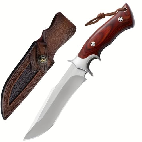 Survival Messer Feststehende Klinge, M390 Stahl Full Tang Scharfes Jagdmesser mit Holzgriff, Outdoor Messer mit Lederscheide, Bushcraft Messer für Männer Camping Jagd Wandern Abenteuer (M390 Stahl)
