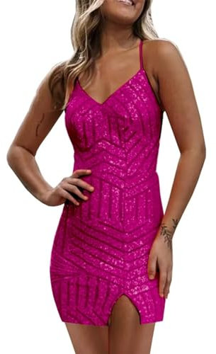 HPPEE Cinghie di spaghetti Abiti ritorno a casa per gli adolescenti Breve Stretto Scintillante Paillettes Prom Party Dress WYX422, Fucsia, 42