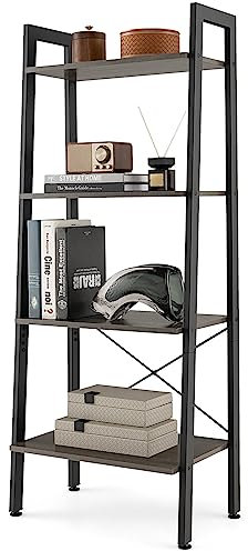 GYMAX Libreria a Scala 4 Ripiani, 56 x 34 x 138 cm, Scaffale Libreria Stile Industriale con Telaio Metallico e Dispositivi Antiribaltamento, per Ufficio Casa Soggiorno Cucina (Rovere Grigio)