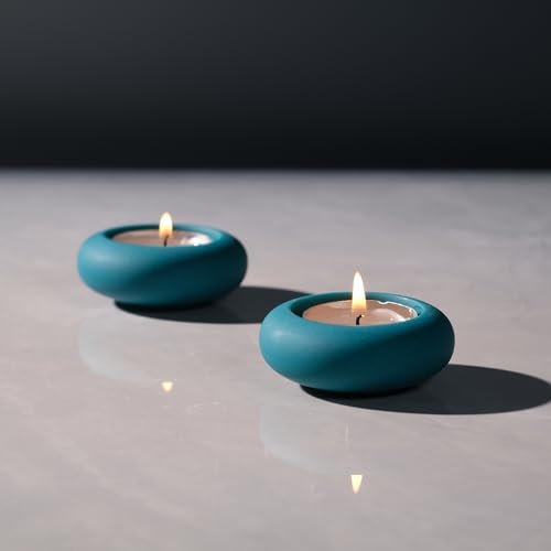 ICNBUYS Handgefertigter dekorativer Teelichthalter aus Kieselsteinen, 2er-Set, handgefertigt, Heimdekoration, Akzent zur Beruhigung von erdigem, ästhetischem Zement, Pfauenblau, Durchmesser 6,6 cm