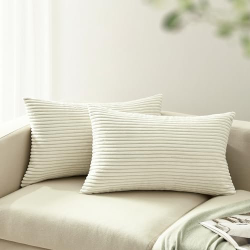 mosayt Kissenbezug 40x60 beige Weiß 2er Set Cordsamt gestreiftes Muster Kissenbezüge Dekokissen Sofakissen Couchkissen Deko Kissenhüllen für Wohnzimmer Sofa