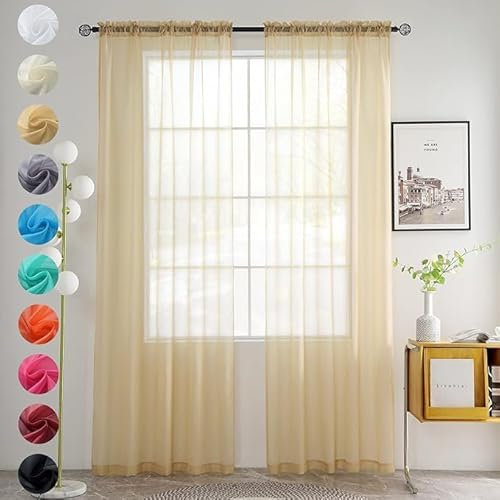 Youleyar 2 Set Sheer Transparente Gardine aus Voile Polyester Stab-Taschenfenster Transparent Vorhänge Wohnzimmer Dekoration für Schlafzimmer W140 X H175 cm Beige