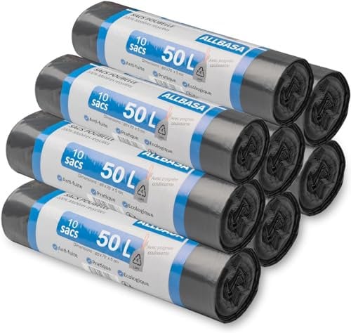 ALLBASA Sac Poubelle ultra résistant, Sacs poubelle à poignées coulissantes,Sacs en Plastique Recyclés Étanchéité maximale (50L(8Paquet))