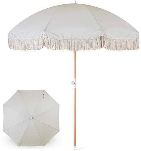 Sonnensegel für den Garten im Freien für Sand – 6 Fuß Langer Terrassenschirm aus Holz mit Fransen, 100% UV-Sonnenschutz, 8 Streben, Tischschirm für den Markt im Freien (Farbe: C)