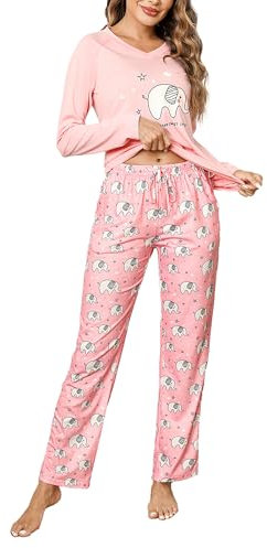 Litherday Pyjama Femme Hiver Ensemble de Pyjama Femme Coton Vêtement de Nuit à Manches Longues Vêtements de Nuit Automne avec Poches Rose L