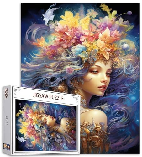 Tucocoo Fantasy-Mädchen-Puzzles für Erwachsene, 1000 Teile, Blumen, Fee, Frau, moderne Kunst, Puzzle, bunt, DIY-Bastelpuzzles für Heimdekoration, Geschenke, Familienpuzzle, perfekt für Spieleabende