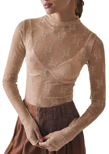 NaLatia T-Shirt Femme Mesh Blouse Sexy Transparente Tops Moulant à Manches Longues Clubwear Haut en Maille Soirée Elastique Chemise Tulle Tee Shirt Mode Impression