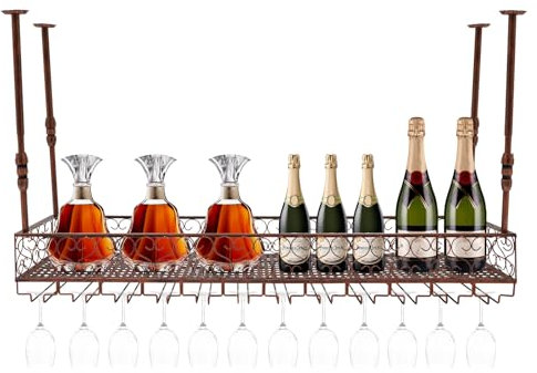 Gorgivous Industrial Vintage Bar schwimmende Regal 120x30cm Bronze Bar schwimmende Regale für Wand Decke montiert hängenden Weinflaschenhalter Regal Champagner Glas Rack