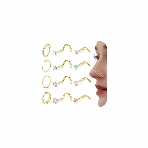 Krfy 12Stück Nasenpiercing Stecker Gold Chirurgenstahl L Form Nasenstecker Piercing Set Nasenring mit Zirkonia für Damen Herren 22G