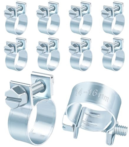 Jeboler 10 Pcs Small Hose Clips 14-16mm, Mini Fuel Line Pipe Hose Clamp, Adjustable Fuel Injection Style Repair Clamp, Zinc Plated Tube Clamps for Automotive Diesel Petrol Pipe