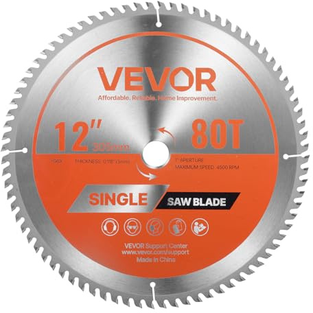 VEVOR Circular Saw Blade, 12 inch Diameter, 80 Sharp Alloy Teeth, 1 inch Arbor, Fine Finish, Wood Cutting Blade for Circular Saw, with Noise-Reducing Heat Vents, for Cutting Plywood, OSB, Hardwood
