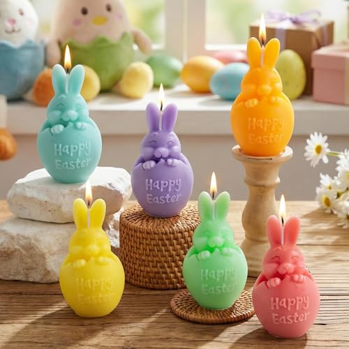 Lanpn 6er Set Osterkerzen in Hasenform, Mini Oster Kaninchen Teelichter, Blüte Früchte Duftkerzen Set Je 125g, Macaron Farbe Osterhasen Kerze Geschenk, Frühlings Osterdekoration Tischdekoration