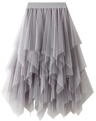 Fasching Tüllrock Damen Midi Lang Unregelmäßiger Chiffon Rock Elegant Casual A-Linie Plissee Tüllrock Karneval Party Mesh Röcke Faltenrock