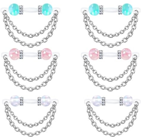 FLOGWE 4PCS Fake Nipple Piercings, Double Chain Dangle with Adjustable Silicone Nooses Fake Nipple Rings, Non-Piercing Faux Body Jewelry for Women