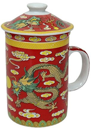 Porcelain Chinese Tea Mug with Infuser and Lid - Red Dragon Pattern