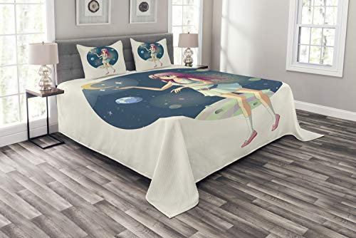 ABAKUHAUS Anime Tagesdecke Set, Mädchen mit Sternen im Raum, Set mit Kissenbezügen Sommerdecke, für Doppelbetten 220 x 220 cm, Blaugrau Beige