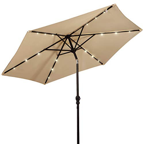 COSTWAY Parasol de Jardin Extérieur Ø 270 CM, Parasol Inclinable Lumineux Solaire avec 24 LED, Parasol Droit avec Manivelle et 8 Baleines Métalliques Robustes, pour Balcon Jardin Terrasse(Beige)
