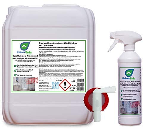 KaiserRein Bio Duschkabinenreiniger mit Lotuseffekt/Abperleffekt Set 5 L Kanister +und Sprayflasche Leer 0,5L + Auslasshahn ohne nachwischen streifen freies abtrocknen