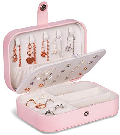 Huker Schmuckkästchen Reise PU-Leder Schmuckbox Tragbar Schmuck Aufbewahrungsbox für Ringe Ohrringe Halskette, 16,5 x 11,5 x 5,5 cm (Pink)