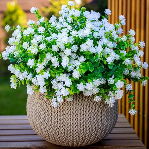 AXYLEX Artificial Flowers for Outdoors Fake Plants - 12 Bundles Faux Outside Greenery Boxwood No Fade Plastic Shrubs Fall Decor Farmhouse Home Garden (White)