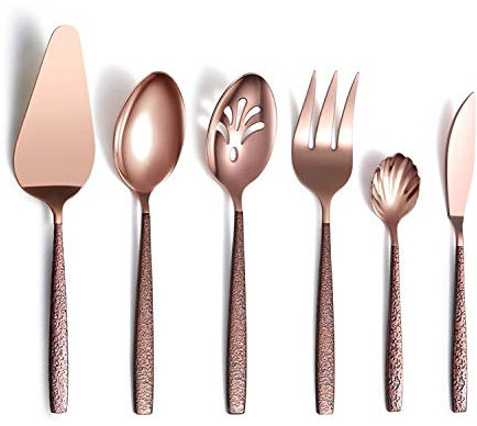 Berglander Set di posate da portata 6 pezzi con manico in superficie lunare e placcatura in titanio con testa in oro rosa lucido, acciaio inossidabile Set di posate in rame Cucchiai da Utensili