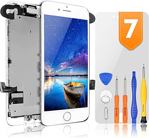 bokman for iPhone 7 White Screen Replacement Parts Full Display Assembly with Home Button, Earpiece Speaker and Front Facing Camera Pre-assembled(Silver-edge Button)