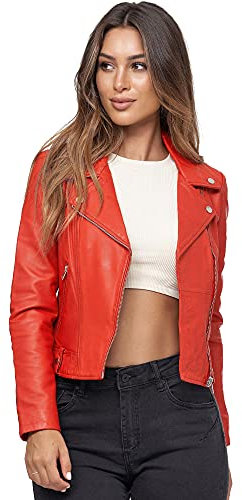 Tazzio Lederjacke Damen Echtleder Jacke im Biker Look mit coolen Zipper-Details & Reverskragen F507 (M, Rot)