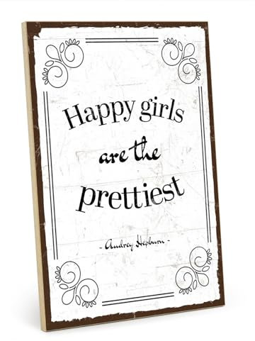 TypeStoff Holzschild mit Spruch – happy girls – im Vintage-Look mit Zitat als Geschenk und Dekoration zum Thema Freude und Schönheit - HS-01057